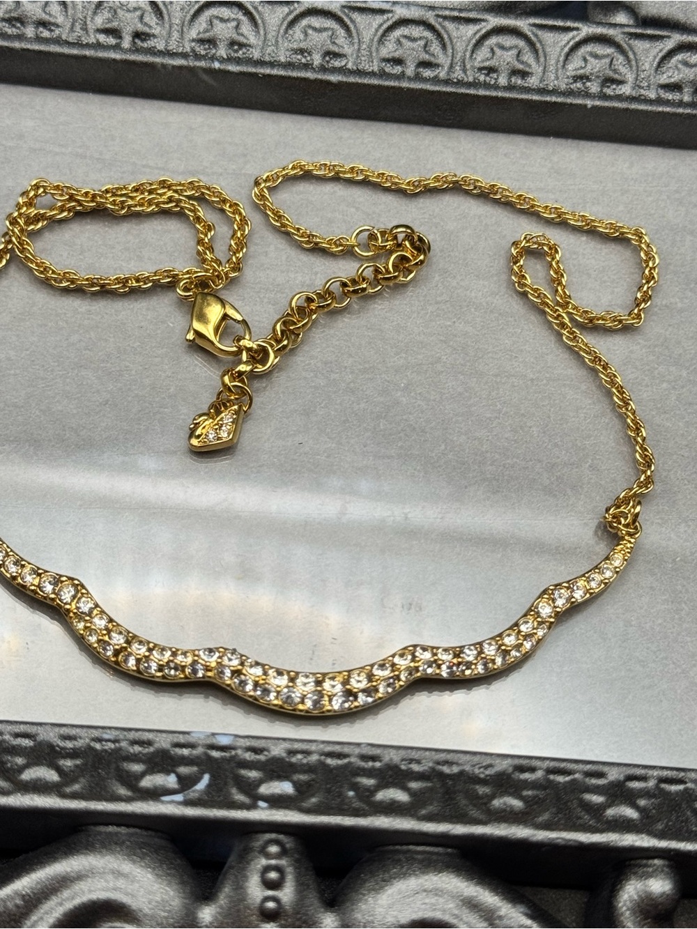 Swarovski Vintage pavé crystal/ scalloped bar necklace - gold tone